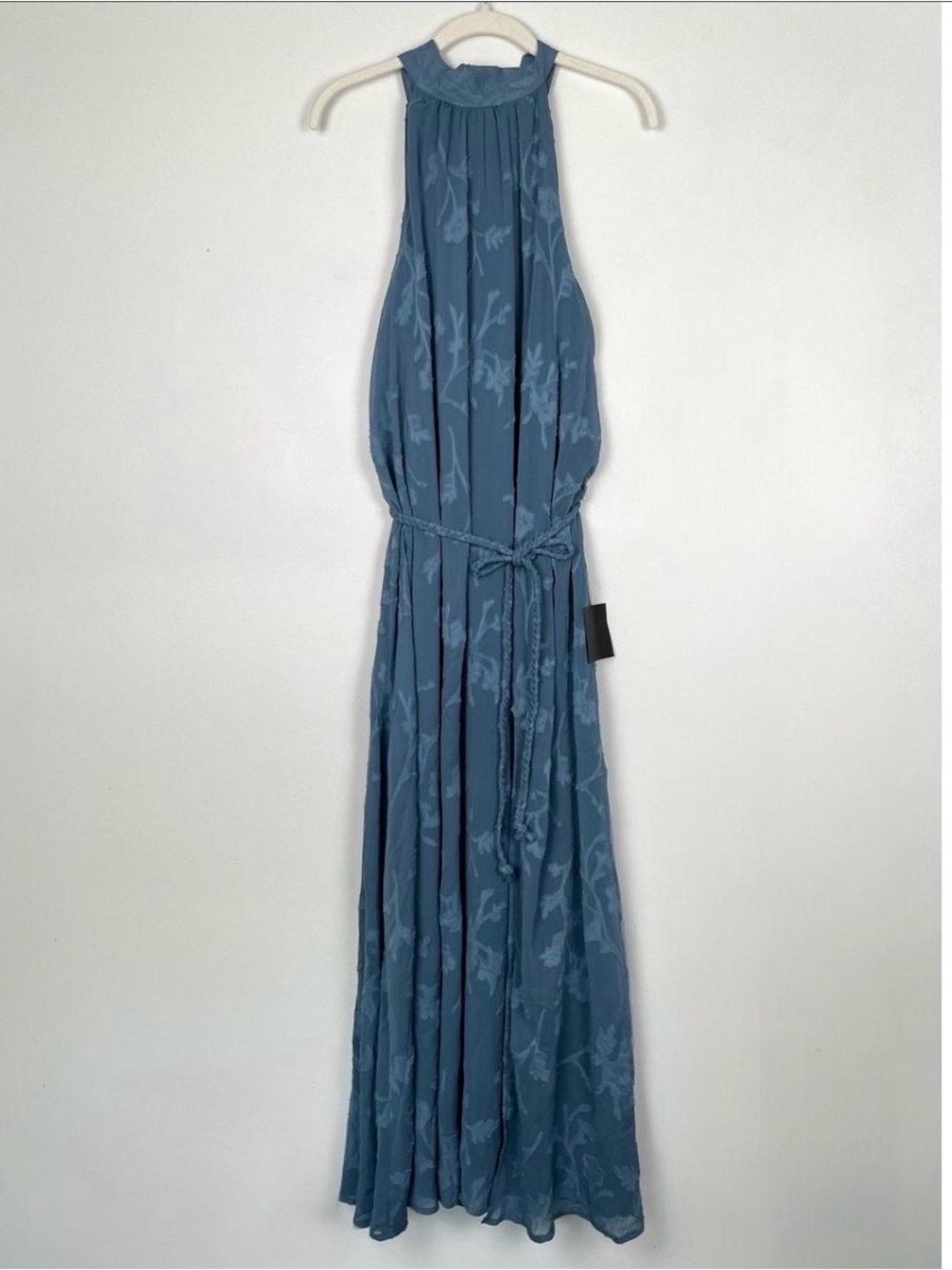 Blue High Neck Maxi Dress with Tie Waist
